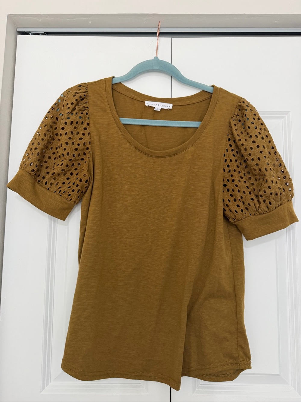Jane and Delancey Olive/Mustard Puff Sleeve Eyelet Top